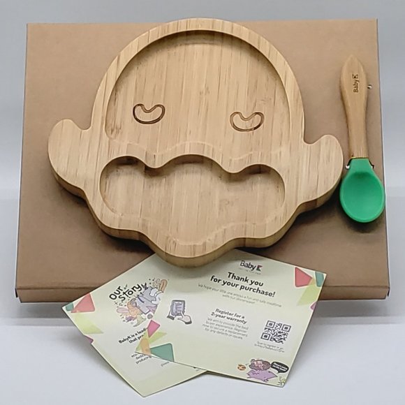 Baby K NIB Bamboo Divided Sheep Plate with Suction & Green Spoon Set - 6 Months - Picture 11 of 16